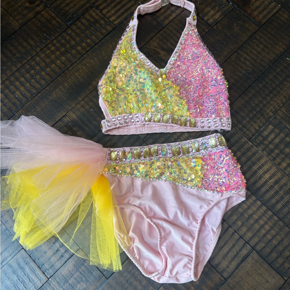 Glamour Pink and Yellow Sequin Kids Dance Costume jazz tap musical theater